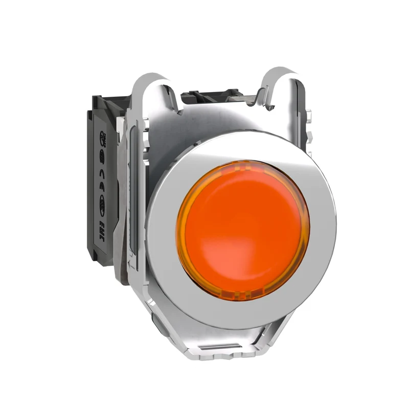 Illuminated Push Button, Harmony XB4, Metal, Orange Flush Mounted, 30mm, Universal LED, Plain Lens, 1NO + 1NC, 120V AC
