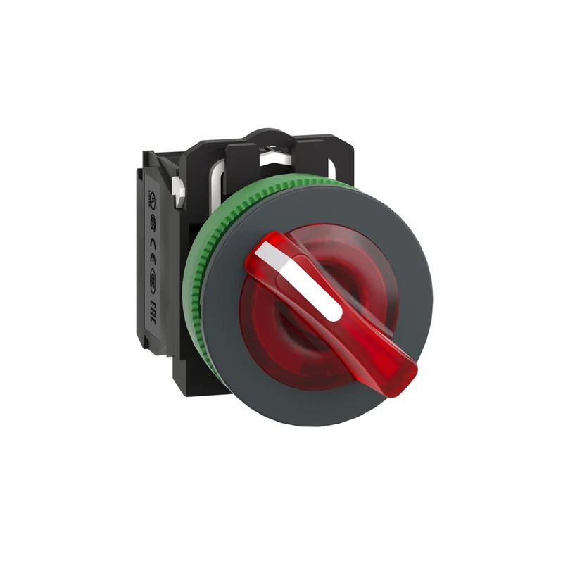 Illuminated Selector Switch, Harmony XB5, Grey Plastic, Red Handle, 30mm, Universal LED, 2 Positions, 1NO + 1NC, 24V AC DC