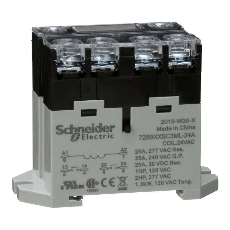 Power Relay, SE Relays, 25A, 2NO, 24VAC, LED Push Button, Screw Terminals, DIN Or Panel Mount