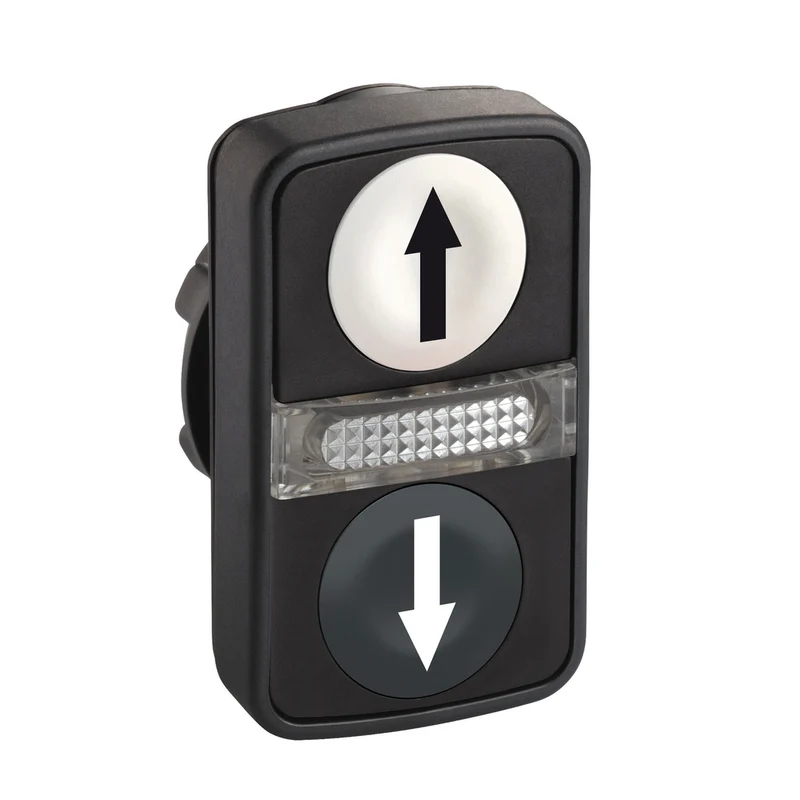 Head For Illuminated Double Headed Push Button, Harmony XB5, 2 White Black Flush, 22mm, 1 Central Pilot Light, Marked Up Down Arrow