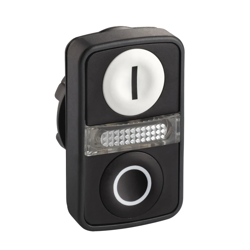 Illuminated Double Headed Push Button Head, Harmony XB5, Plastic, 22mm, 1 White Flush Marked I + 1 Pilot Light + 1 Black Flush Marked O