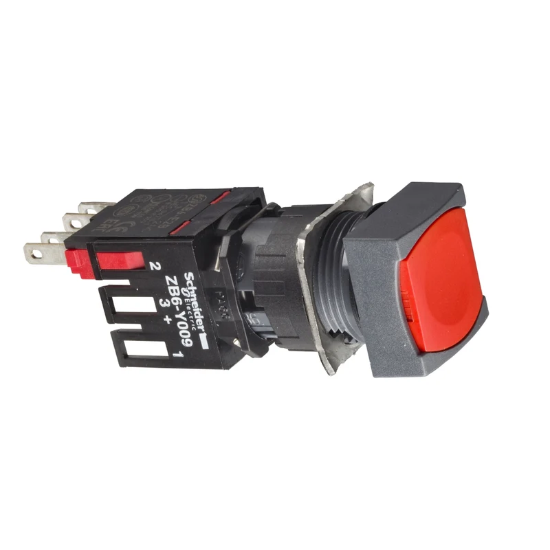 Complete Push Button, Harmony XB6, Red Square Flush Pushbutton 16mm Spring Return 1NO+1NC Unmarked