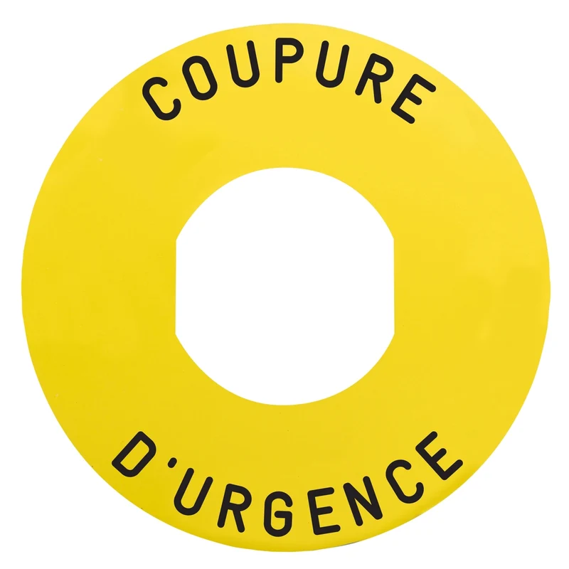 Marked Legend, Harmony XB4, Harmony XB5, Yellow, 60mm, For Emergency Stop, Marked COUPURE D'URGENCE/Logo ISO13850