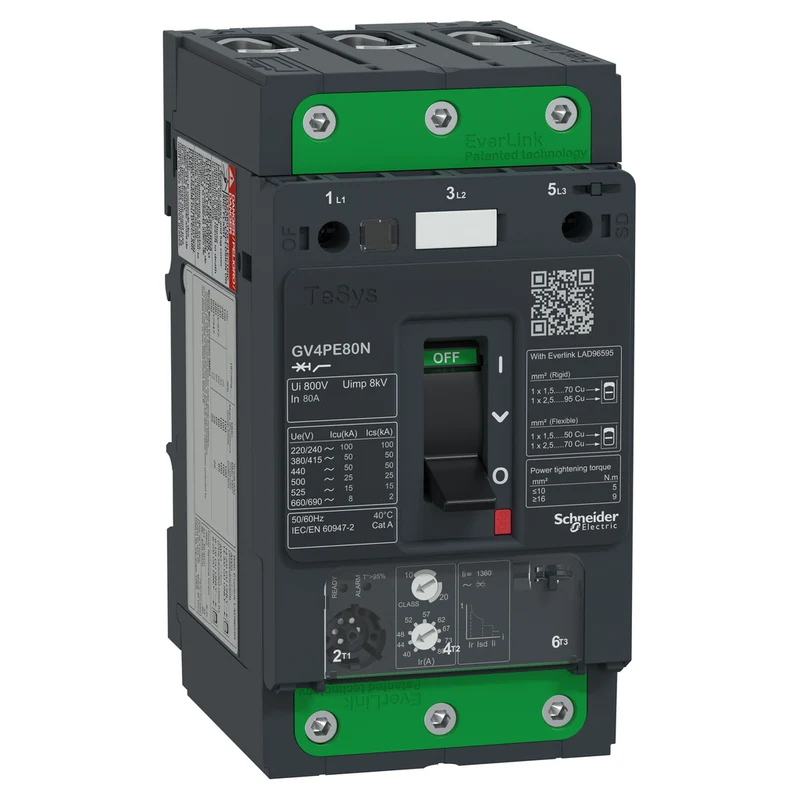 Motor Circuit Breaker, TeSys GV4, 3P, 80A, Icu 50kA, Thermal Magnetic, Everlink Terminals