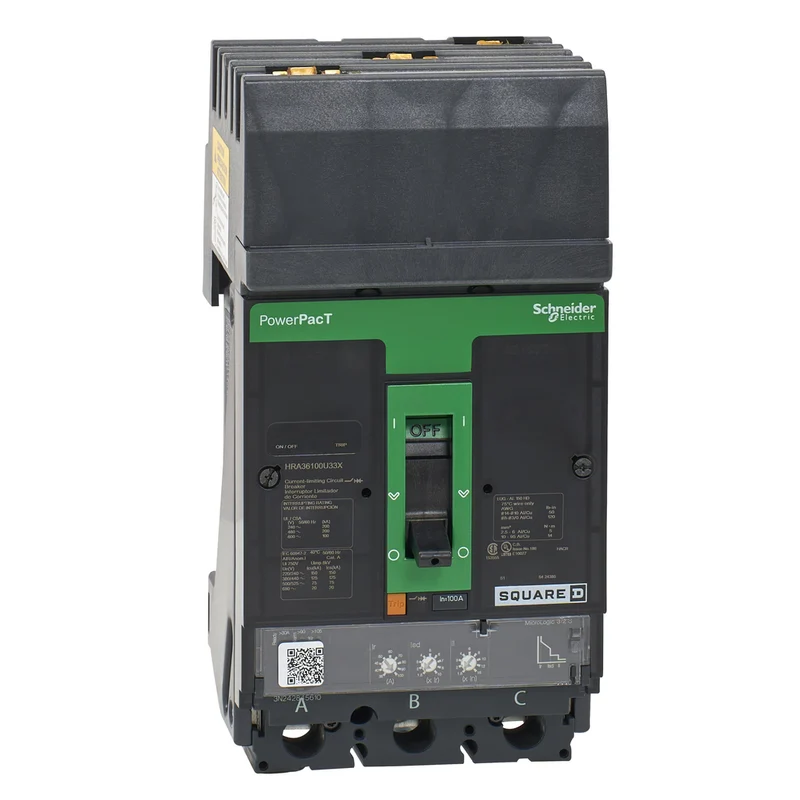 Circuit Breaker, PowerPacT H, 100A, 3 Pole, 600VAC, 100kA, I-Line, Micrologic 3.2S, 80%, ABC