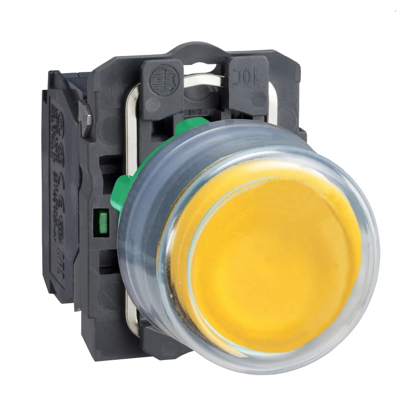 Push Button, Harmony XB5, Plastic, Projecting, Yellow, 22mm, Spring Return, Booted, Unmarked, 1NO