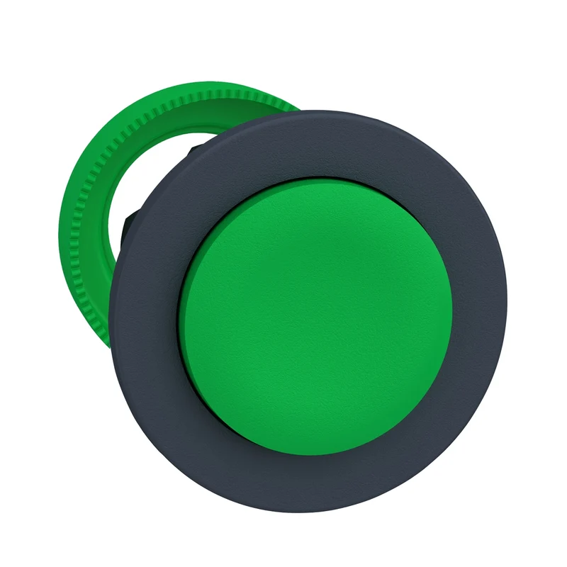 Harmony XB5, Flush Mounted Push Button Head, Plastic, Projecting, Green, 30mm, Spring Return, Unmarked, Dark Grey Bezel