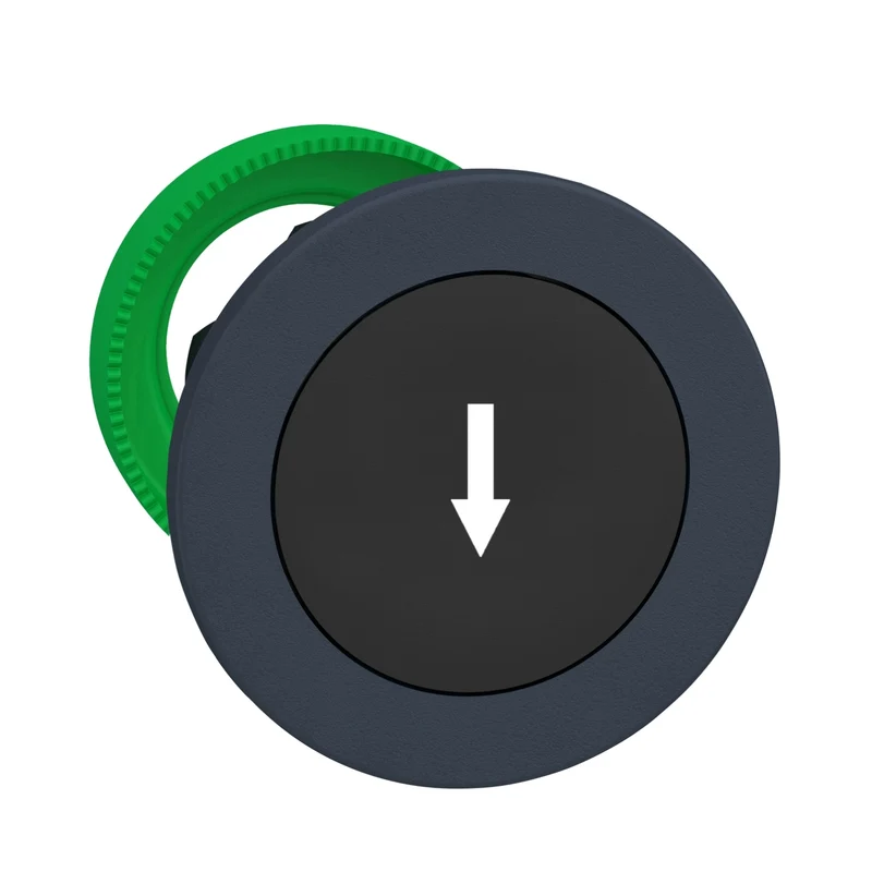 Flush Mounted Projecting Push Button Head, Harmony XB5, Plastic, Black, 30mm, Spring Return, Marked DOWN ARROW