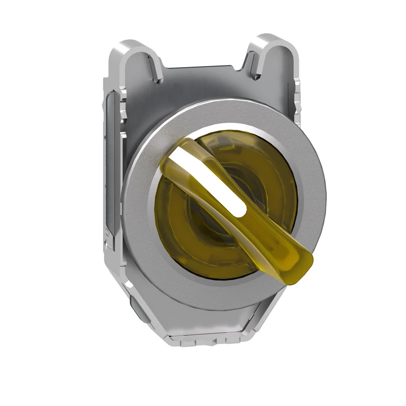Head For Illuminated Selector Switch, Harmony XB4, Metal, Yellow Handle, 30mm, Universal LED, 2 Positions, Stay Put
