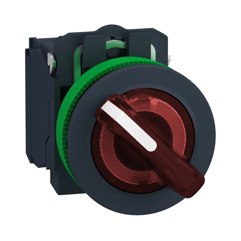 Illuminated Selector Switch, Harmony XB5, Grey Plastic, Red Handle, 30mm, Universal LED, 2 Positions, 1NO + 1NC, 110...120V AC