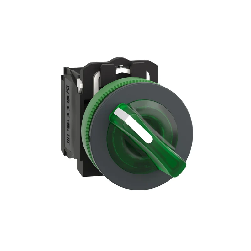 Illuminated Selector Switch, Harmony XB5, Grey Plastic, Green Handle, 30mm, Universal LED, 2 Positions, 1NO + 1NC, 230...240V AC