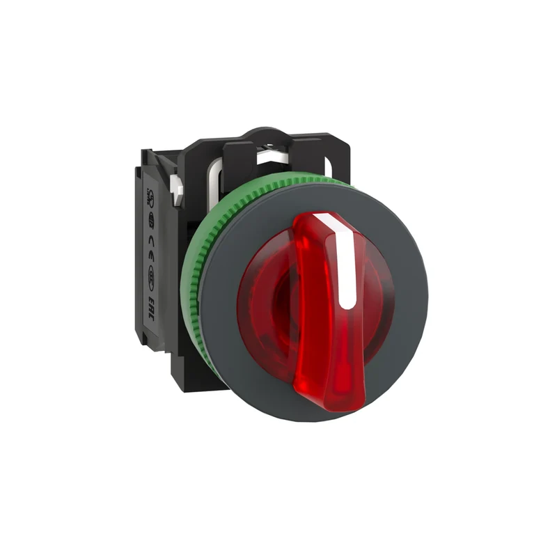 Illuminated Selector Switch, Harmony XB5, Grey Plastic, Red Handle, 30mm, Universal LED, 3 Positions, 1NO + 1NC, 110...120V AC