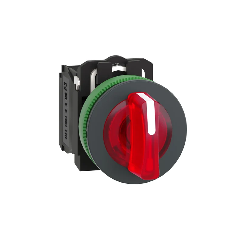 Illuminated Selector Switch, Harmony XB5, Grey Plastic, Red Handle, 30mm, Universal LED, 3 Positions, 1NO + 1NC, 24V AC DC