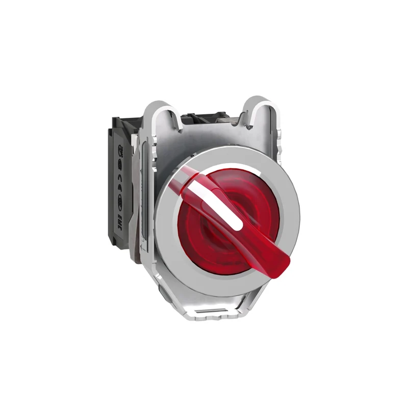 Illuminated Selector Switch, Harmony XB4, Metal, Red Handle, 30mm, Universal LED, 2 Positions, 1NO + 1NC, 24V AC DC