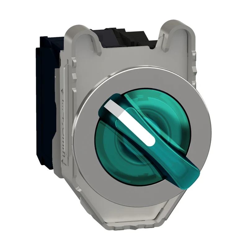 Illuminated Selector Switch, Harmony XB4, Metal, Green Handle, 30mm, Universal LED, 2 Positions, 1NO + 1NC, 110...120V AC