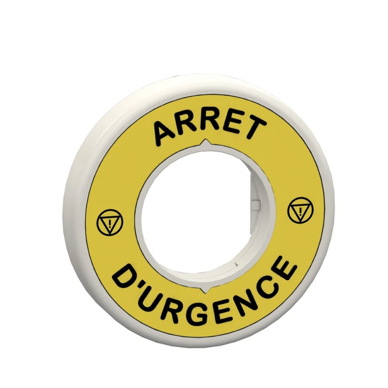 Illuminated Marked Legend Ring, Harmony XB5, 60mm, Plastic, Yellow, White Or Red Integral LED, Marked ARRET D'URGENCE, 24V AC DC