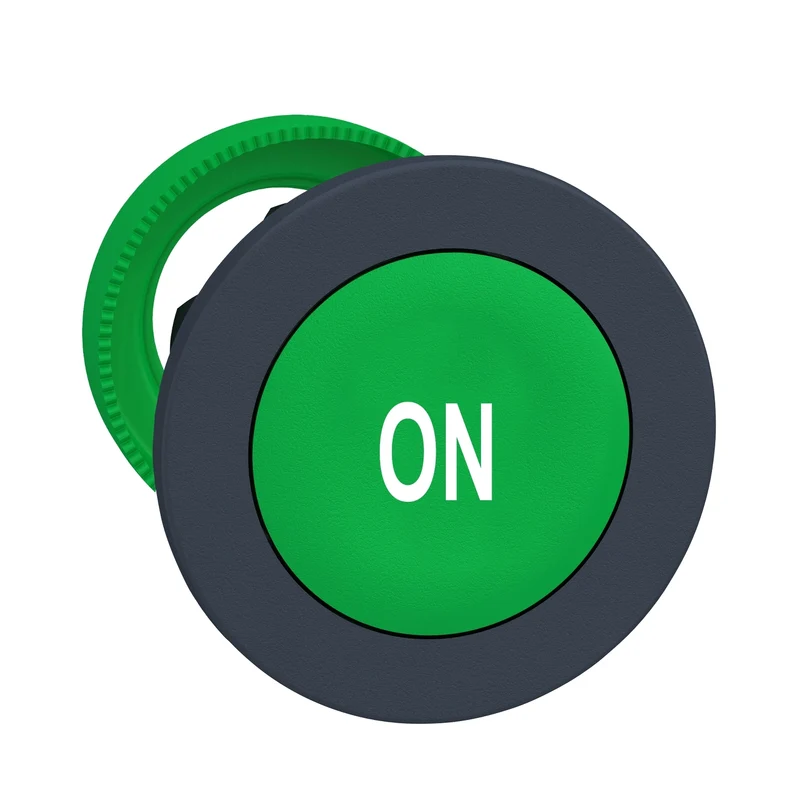 Harmony XB5, Flush Mounted Push Button Head, Plastic, Green, 30mm, Spring Return, Marked ON, Dark Grey Bezel