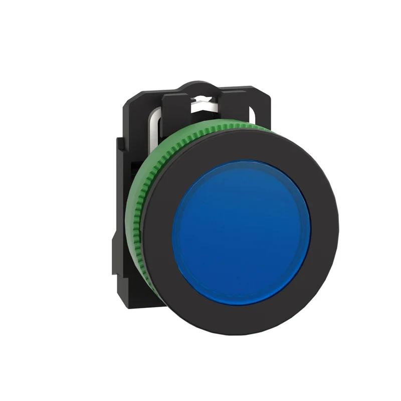 Pilot Light, Harmony XB5, Grey Plastic, Blue Flush Mounted, 30mm, Universal LED, Plain Lens, 24V AC DC