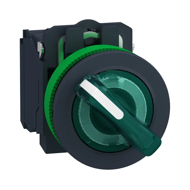 Illuminated Selector Switch, Harmony XB5, Grey Plastic, Green Handle, 30mm, Universal LED, 2 Positions, 1NO + 1NC, 110...120V AC