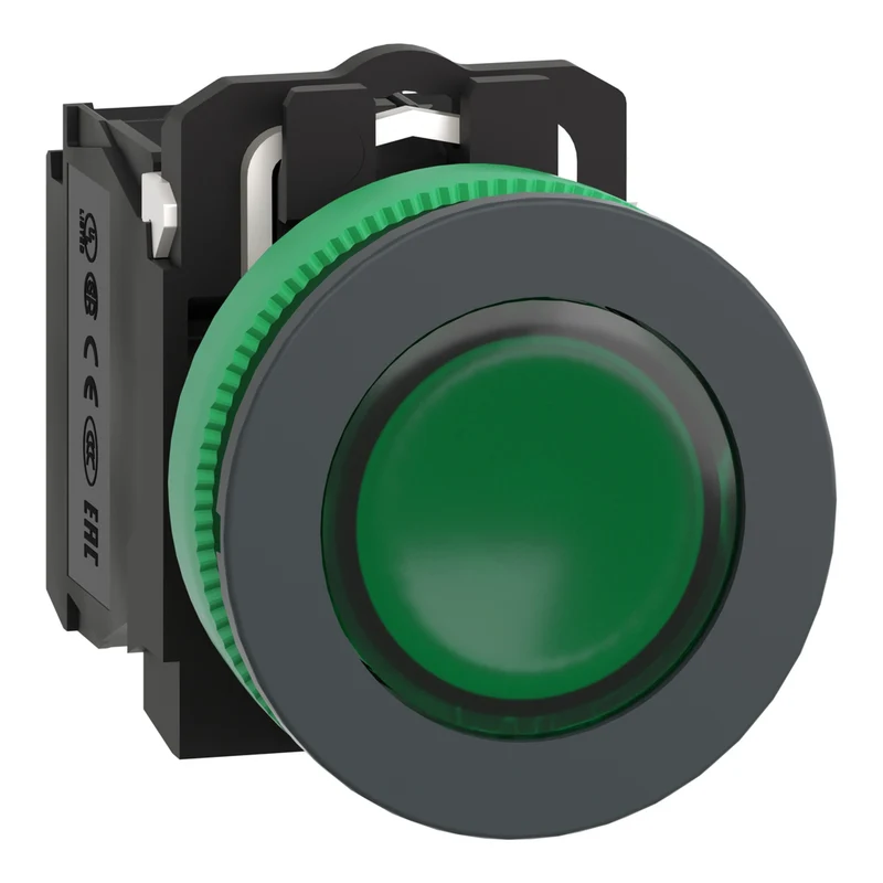 Illuminated Push Button, Harmony XB5, Green, 30mm, Universal LED, 1NO + 1NC, 230...240V AC