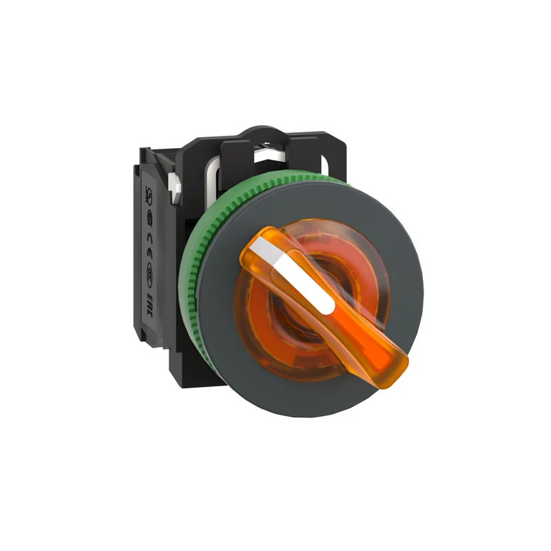 Illuminated Selector Switch, Harmony XB5, Grey Plastic, Orange Handle, 30mm, Universal LED, 2 Positions, 1NO + 1NC, 110...120V AC